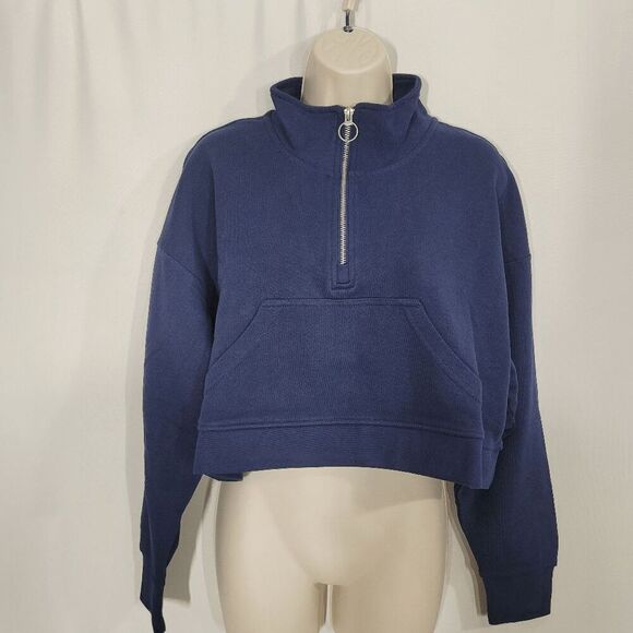 WeWoreWhat Dress Nave Blue Terry Cropped Half-Zip Sweatshirt Medium - Picture 1 of 7